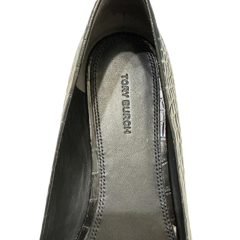 New Tory Burch Black square toe Georgia Croc-Embossed Leather Ballet Flat‎ 10.5